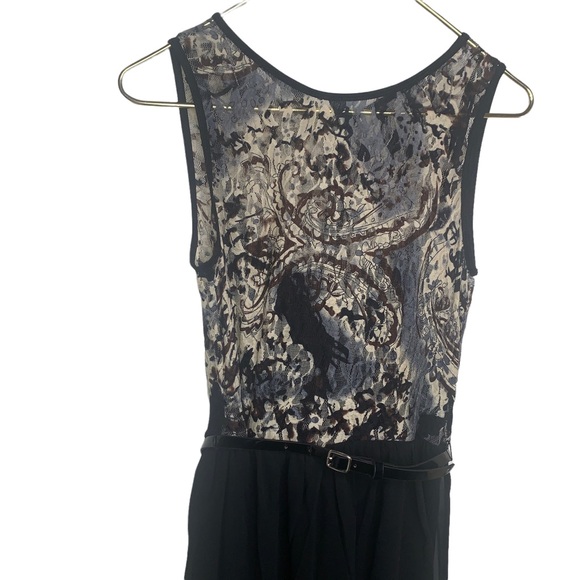 AB Studio Womens Size 6 Belted Black Dress Lace Top Sheer Bottom Built in Cami - Picture 2 of 12